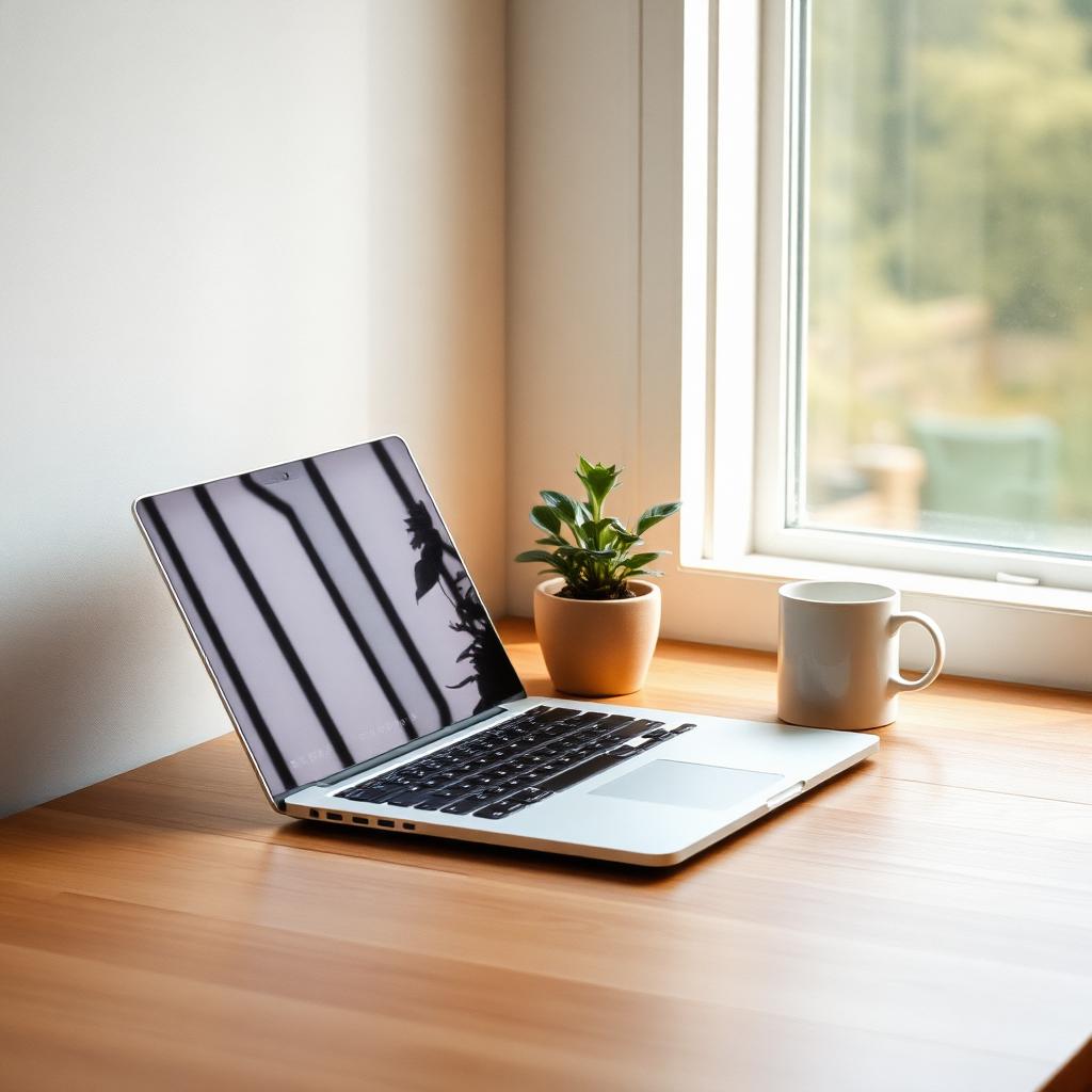 A laptop on a wooden desk beside a plant and ceramic mug.