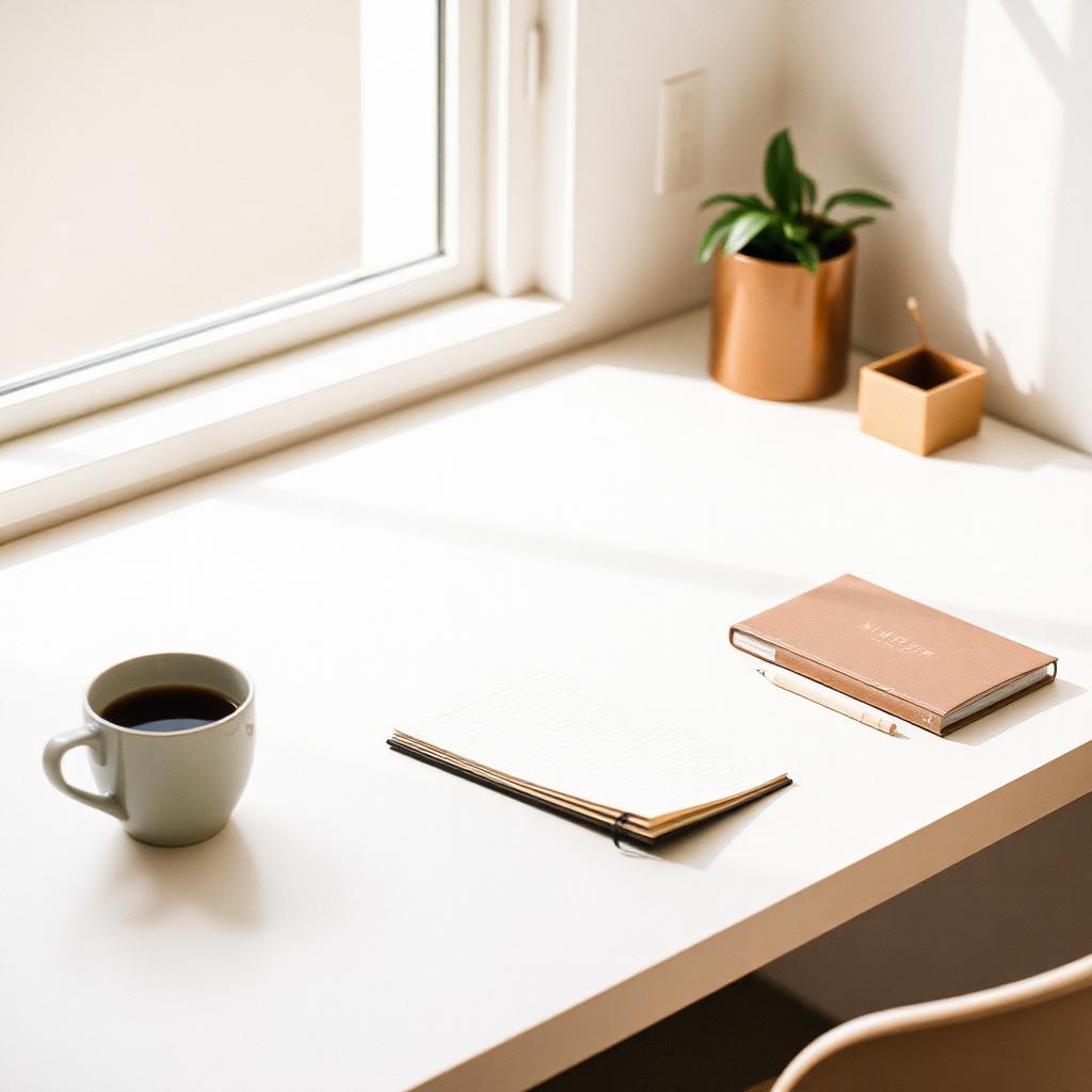A quiet desk with a notebook and coffee in soft morning light.