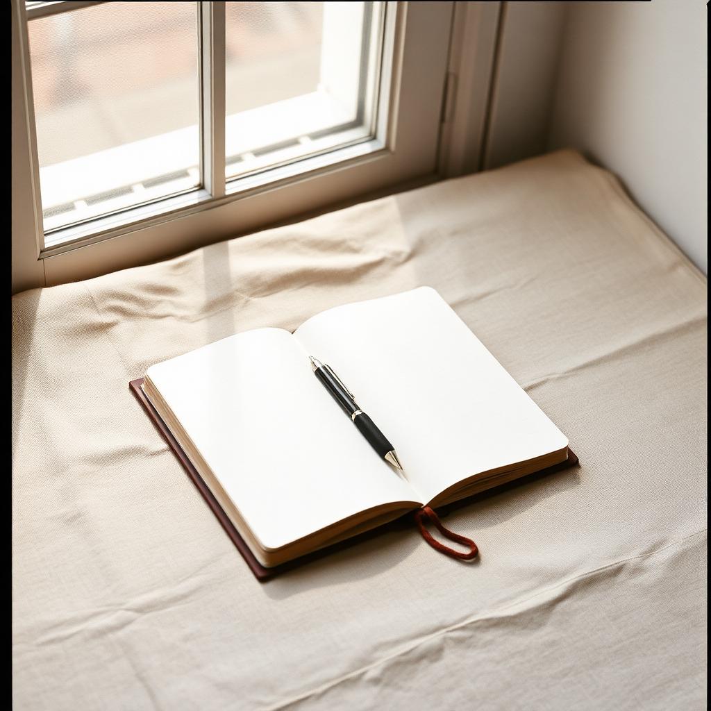 An open notebook with a pen resting on linen near a sunlit window.